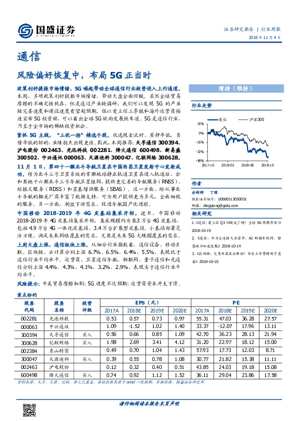 通信行业周报：风险偏好恢复中，布局5G正当时