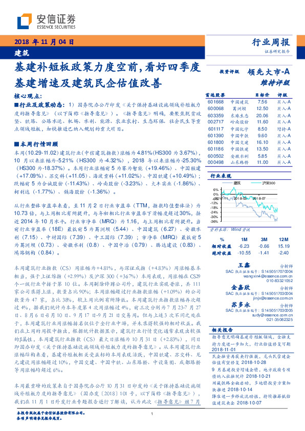 建筑行业周报：基建补短板政策力度空前，看好四季度基建增速及建筑民企估值改善
