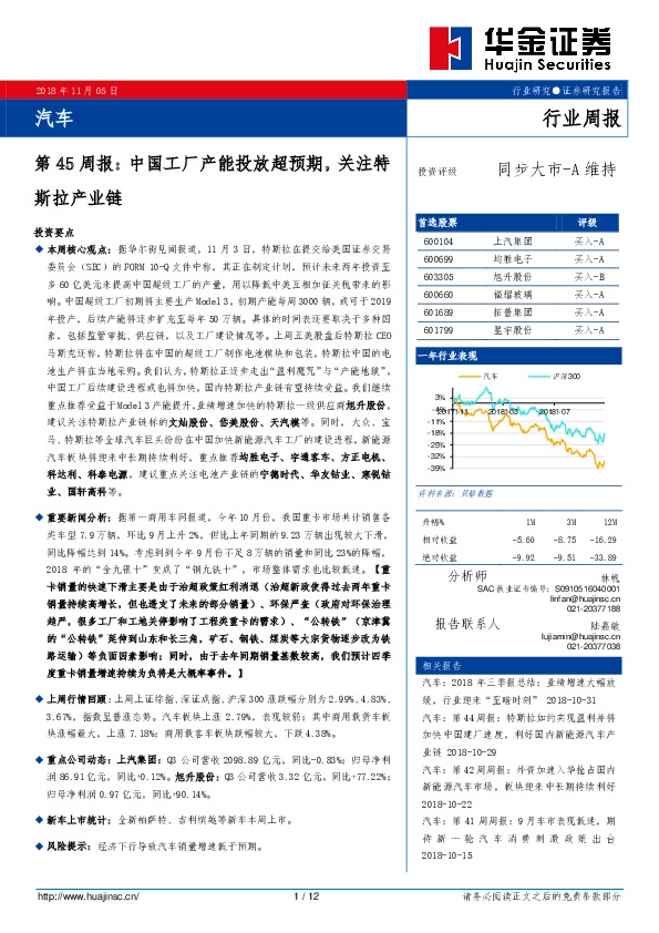 汽车行业第45周报：中国工厂产能投放超预期，关注特斯拉产业链