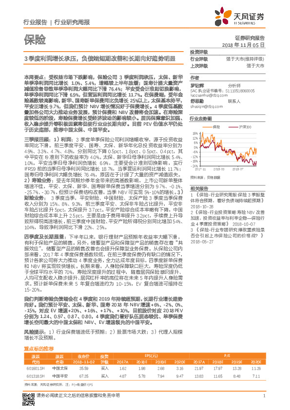 保险行业研究周报：3季度利润增长承压，负债端短期改善和长期向好趋势明显