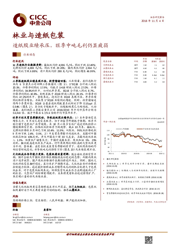 林业与造纸包装行业动态：造纸股业绩承压，旺季中吨毛利仍显疲弱