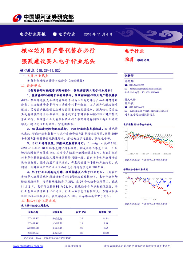 电子行业周报：核心芯片国产替代势在必行 强烈建议买入电子行业龙头
