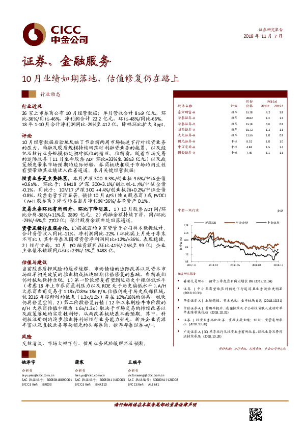 证券、金融服务行业动态：10月业绩如期落地，估值修复仍在路上