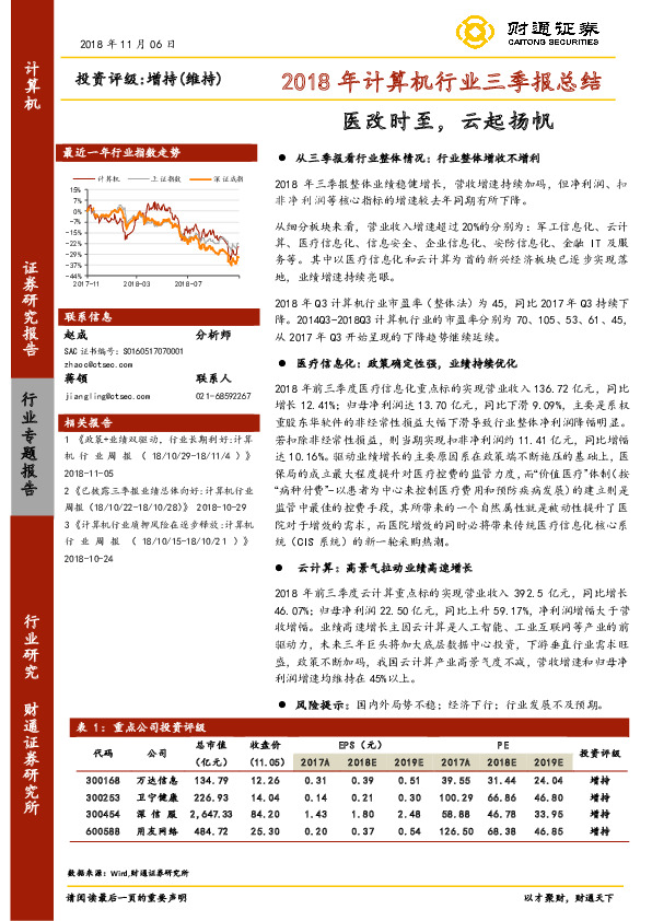 2018年计算机行业三季报总结：医改时至，云起扬帆