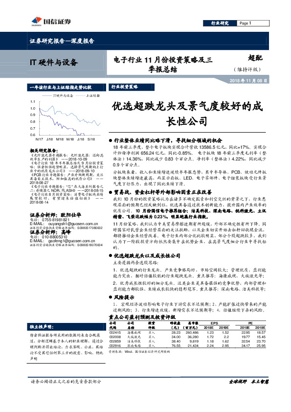 电子行业11月份投资策略及三季报总结：优选超跌龙头及景气度较好的成长性公司