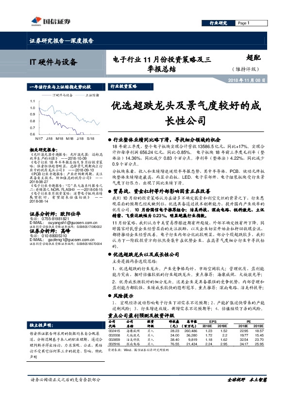 电子行业11月份投资策略及三季报总结：优选超跌龙头及景气度较好的成长性公司