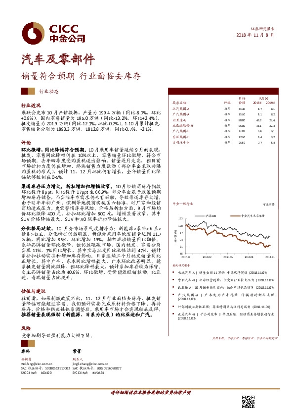 汽车及零部件：销量符合预期 行业面临去库存