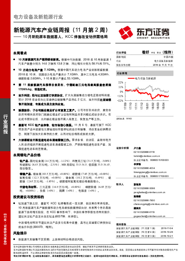 新能源汽车产业链周报（11月第2周）：10月新能源车数据喜人，KCC停售改变钴供需格局