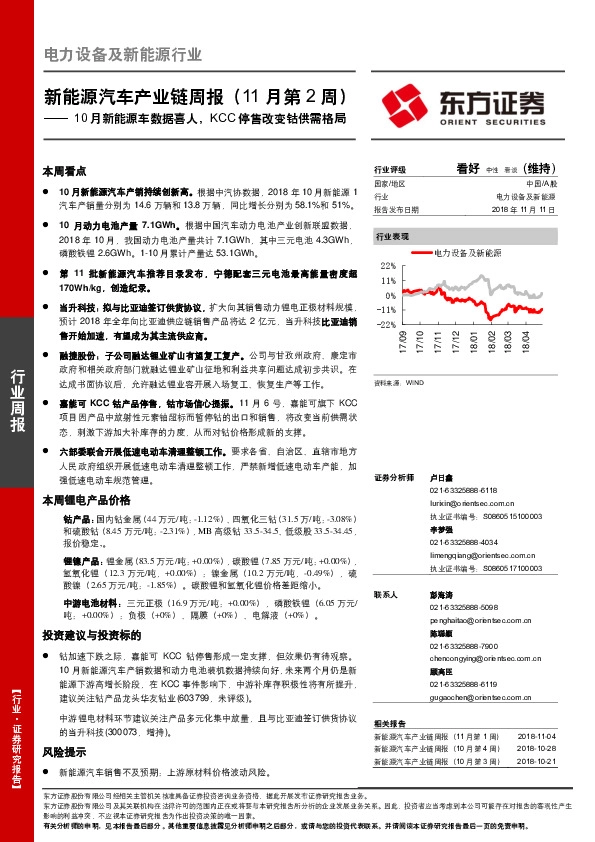 新能源汽车产业链周报（11月第2周）：10月新能源车数据喜人，KCC停售改变钴供需格局