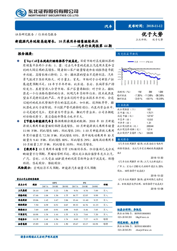 汽车行业周报第44期：新能源汽车延续高速增长，10月乘用车销售继续承压