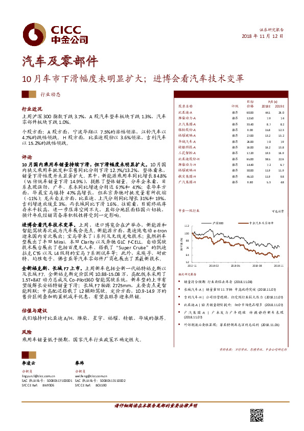 汽车及零部件行业动态：10月车市下滑幅度未明显扩大；进博会看汽车技术变革