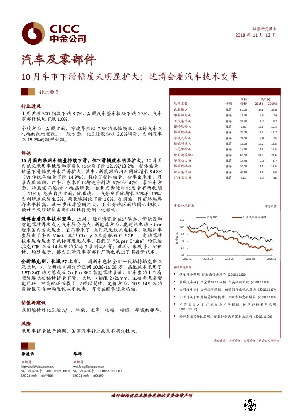 汽车及零部件行业动态：10月车市下滑幅度未明显扩大；进博会看汽车技术变革
