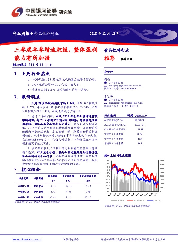 食品饮料行业周报：三季度单季增速放缓，整体盈利能力有所加强