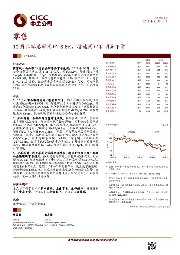 零售：10月社零总额同比+8.6%，增速同比有明显下滑
