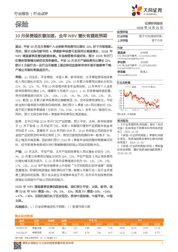 保险行业点评：10月保费端改善加速，全年NBV增长有望超预期