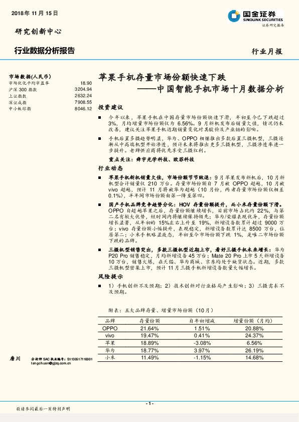 中国智能手机市场十月数据分析：苹果手机存量市场份额快速下跌