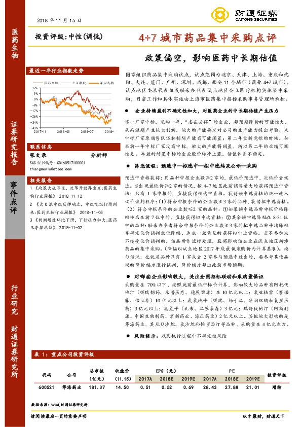 4+7城市药品集中采购点评：政策偏空，影响医药中长期估值