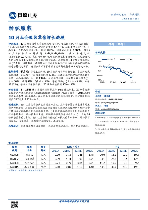 纺织服装行业周报：10月社会服装零售增长趋缓