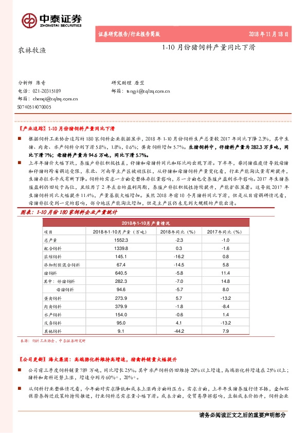 农林牧渔行业报告简版：1-10月份猪饲料产量同比下滑