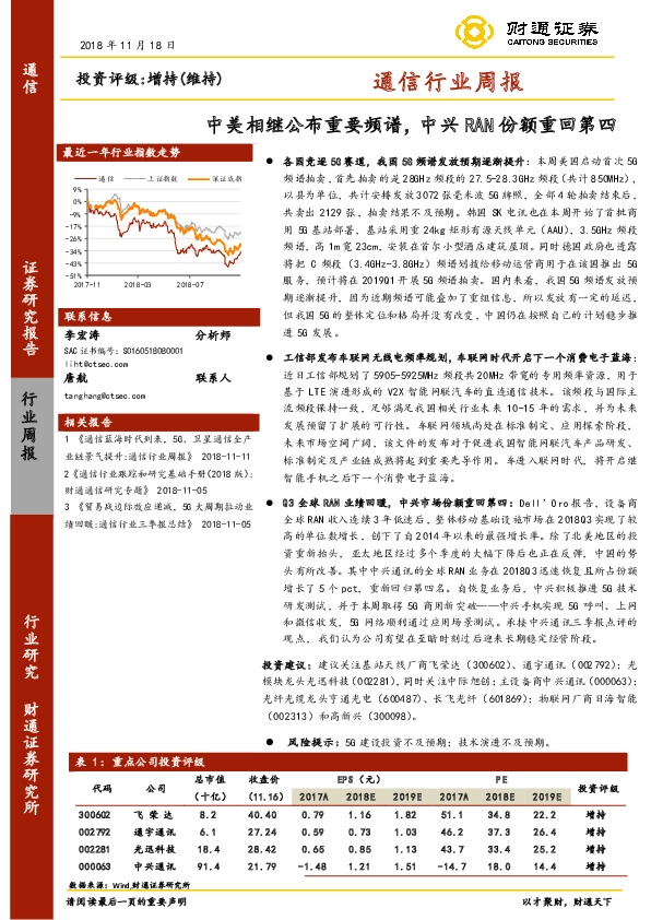 通信行业周报：中美相继公布重要频谱，中兴RAN份额重回第四