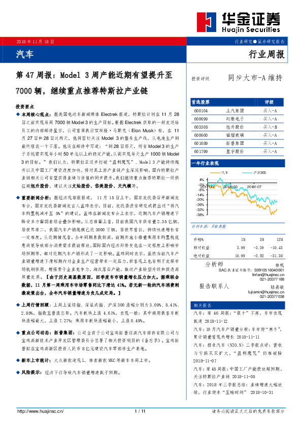 汽车：第47周报：Model 3周产能近期有望提升7000辆，继续重点推荐特斯拉产业链