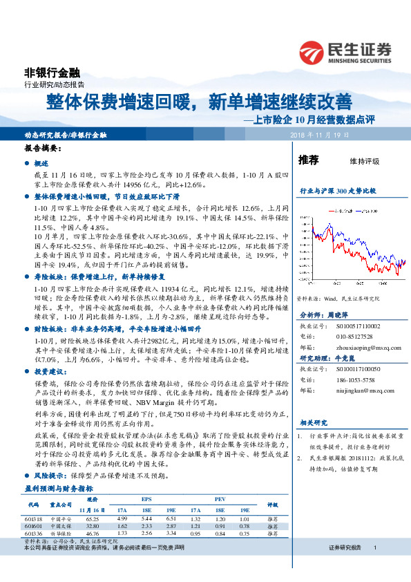 非银行金融：上市险企10月经营数据点评：整体保费增速回暖，新单增速继续改善