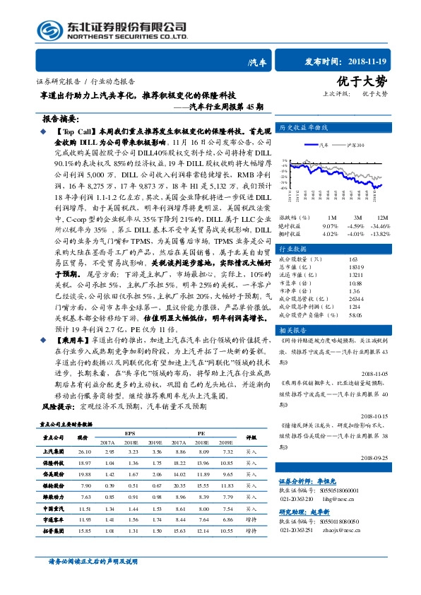 汽车行业周报第45期：享道出行助力上汽共享化，推荐积极变化的保隆科技