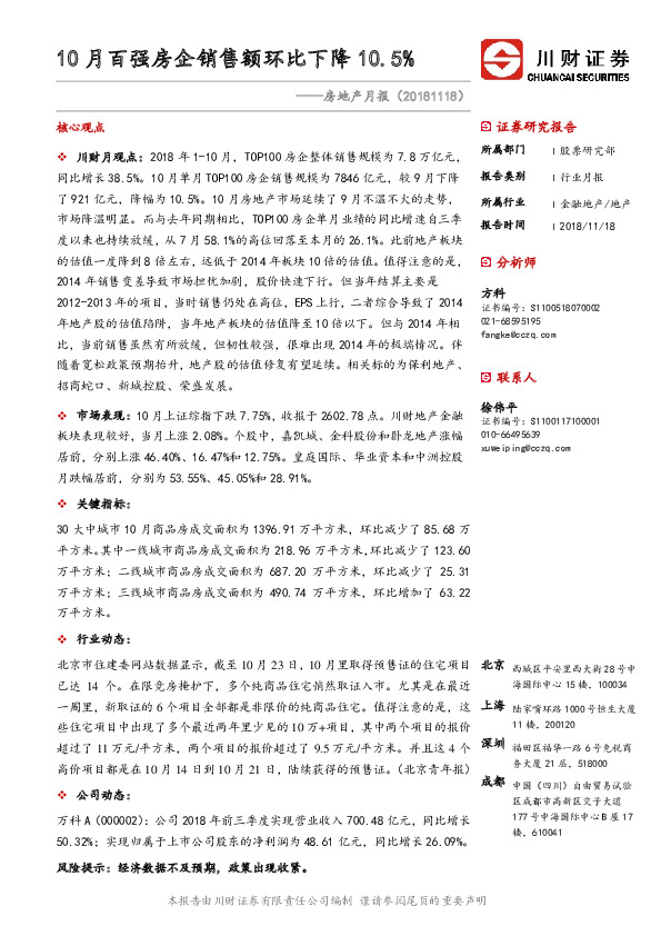 房地产月报：10月百强房企销售额环比下降10.5%