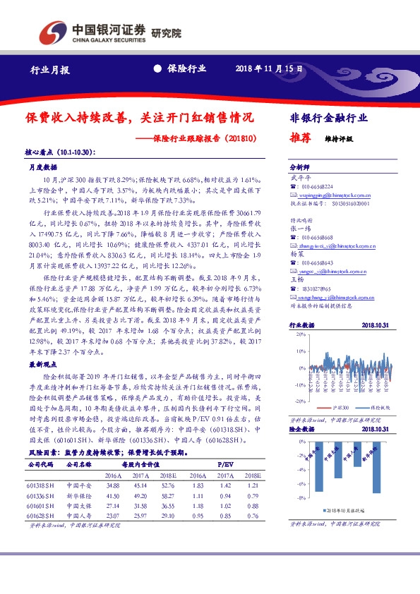 保险行业跟踪报告：保费收入持续改善，关注开门红销售情况