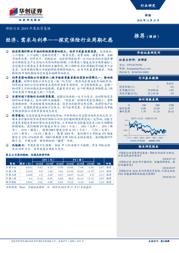 保险行业2019年度投资策略：经济、需求与利率——探究保险行业周期之惑