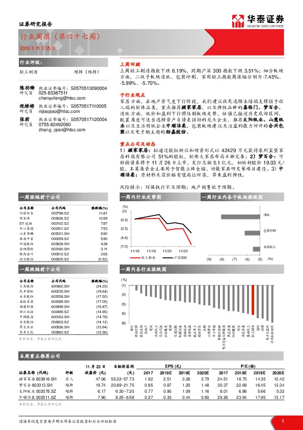 轻工制造行业周报（第四十七周）