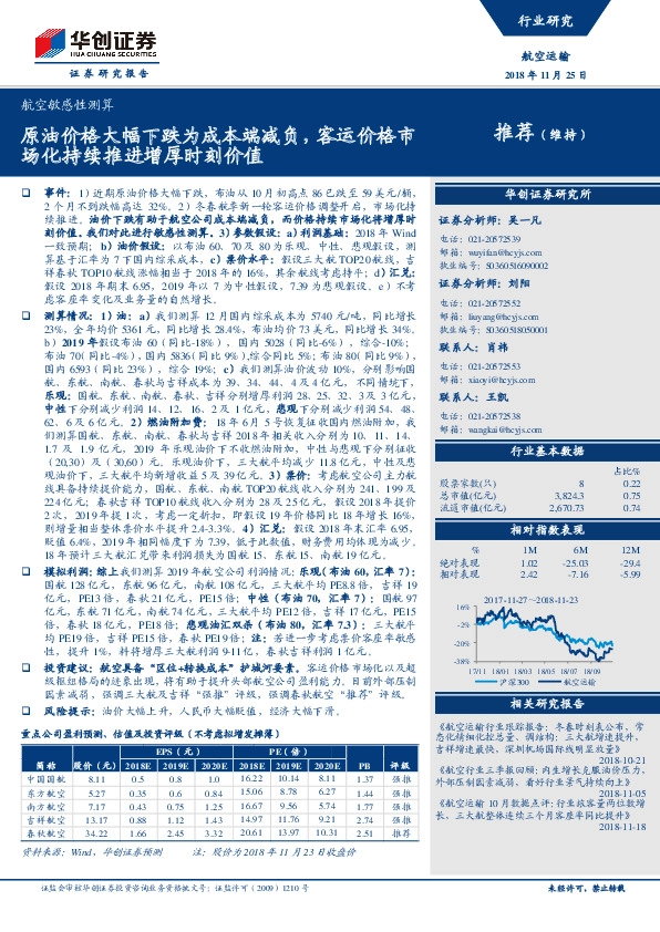 航空敏感性测算：原油价格大幅下跌为成本端减负，客运价格市场化持续推进增厚时刻价值