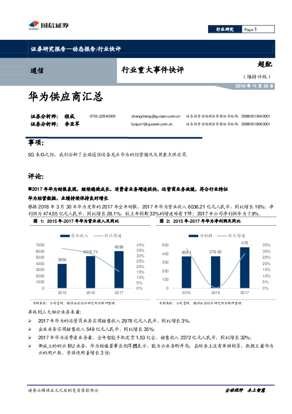通信行业重大事件快评：华为供应商汇总