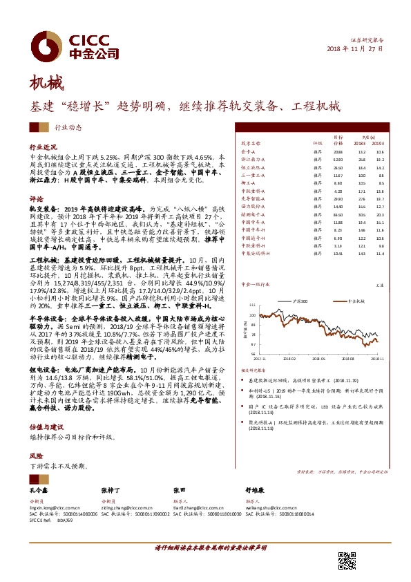 机械行业动态：基建“稳增长”趋势明确，继续推荐轨交装备、工程机械