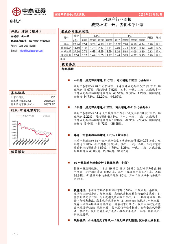 房地产行业周报：成交环比回升，去化水平回落