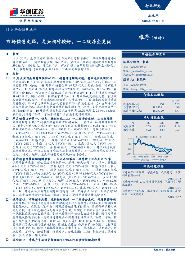 11月房企销售点评：市场销售走弱，龙头相对较好，一二线房企更优