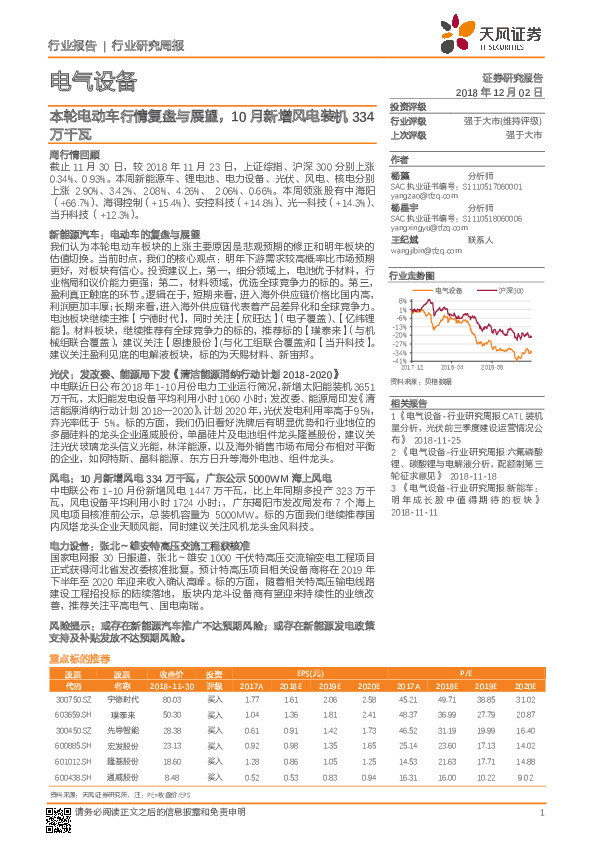 电气设备行业研究周报：本轮电动车行情复盘与展望，10月新增风电装机334万千瓦