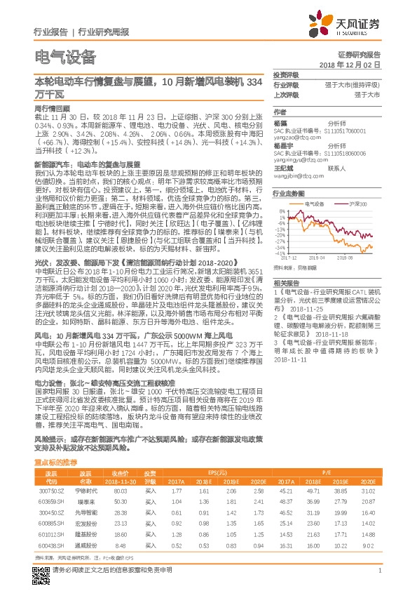 电气设备行业研究周报：本轮电动车行情复盘与展望，10月新增风电装机334万千瓦
