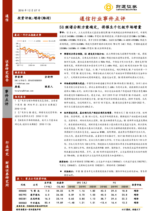 通信行业事件点评：5G频谱分配方案确定，将催生千亿级市场增量
