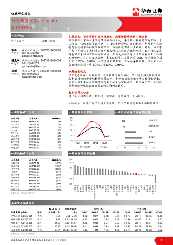 电子元器件行业周报（第四十九周）