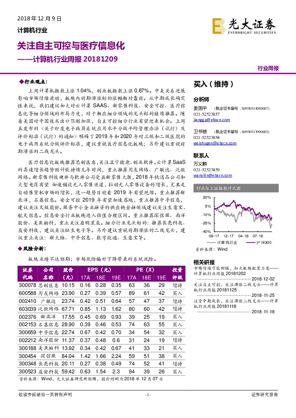 计算机行业周报：关注自主可控与医疗信息化