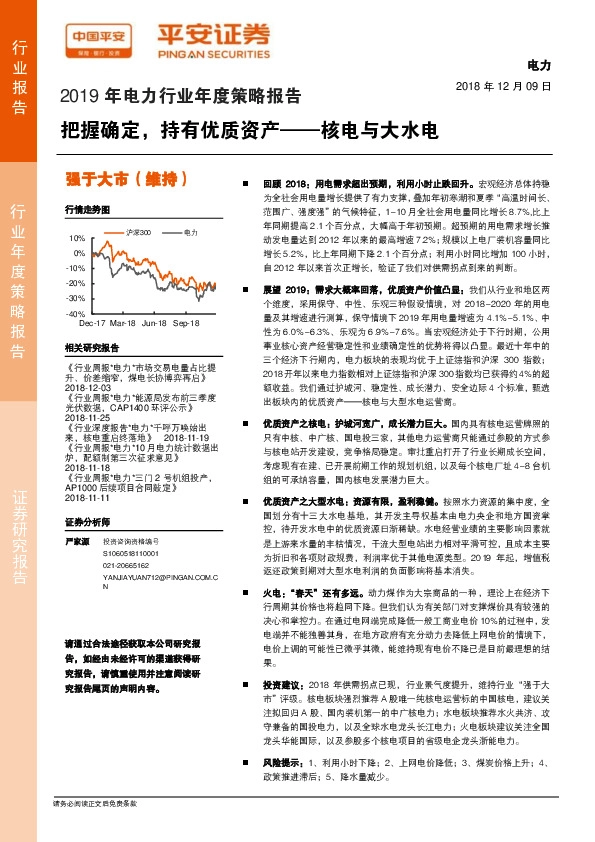 2019年电力行业年度策略报告：把握确定，持有优质资产——核电与大水电