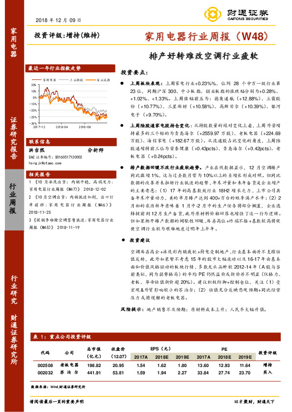 家用电器行业周报（W48）：排产好转难改空调行业疲软
