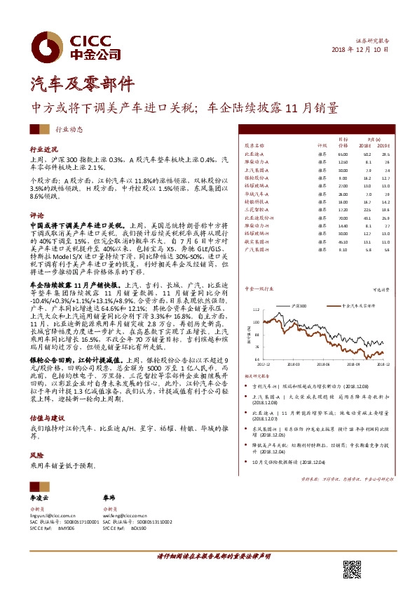 汽车及零部件：中方或将下调美产车进口关税；车企陆续披露11月销量