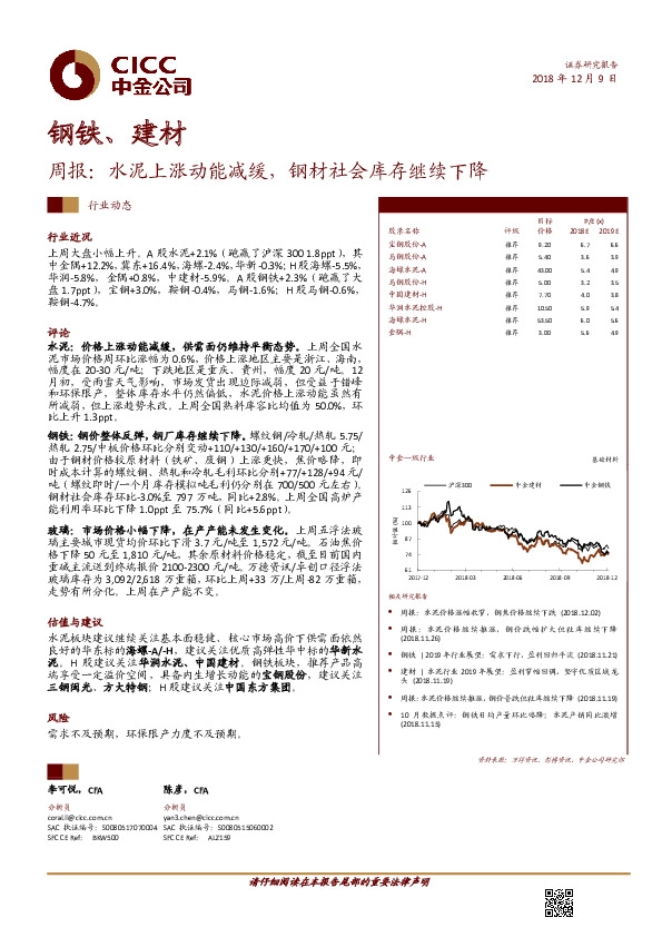 钢铁、建材周报：水泥上涨动能减缓，钢材社会库存继续下降