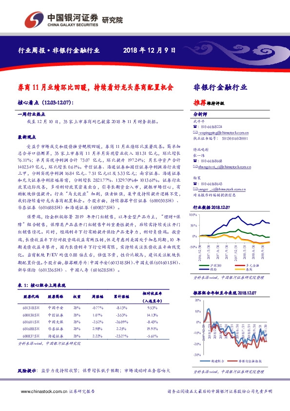非银行金融行业周报：券商11月业绩环比回暖，持续看好龙头券商配置机会