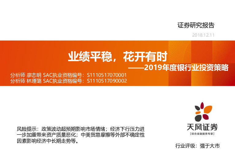 2019年度银行业投资策略：绩平稳，花开有时