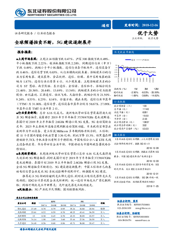 通信行业动态报告：全球频谱拍卖不断，5G建设逐渐展开
