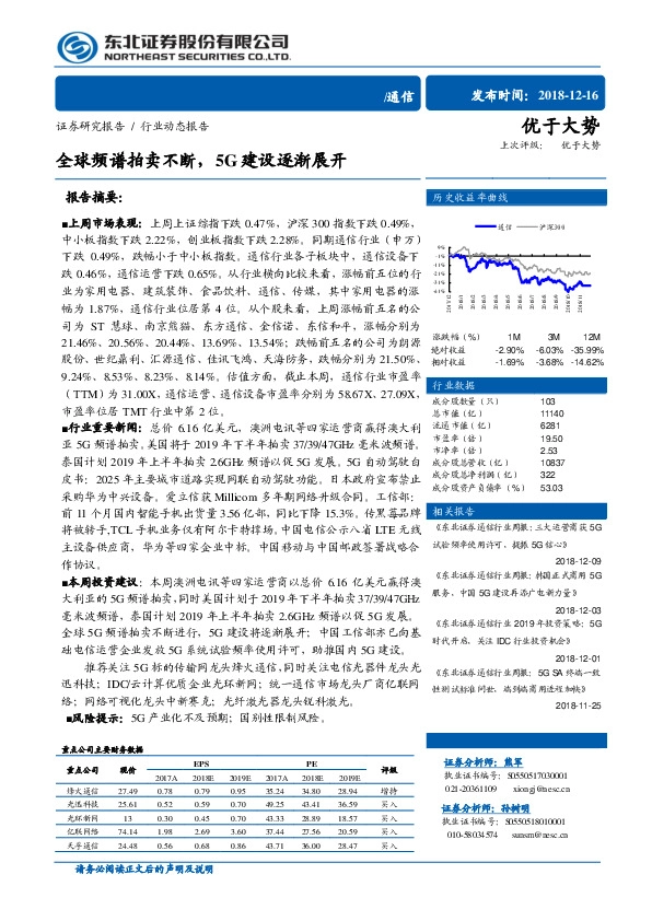通信行业动态报告：全球频谱拍卖不断，5G建设逐渐展开