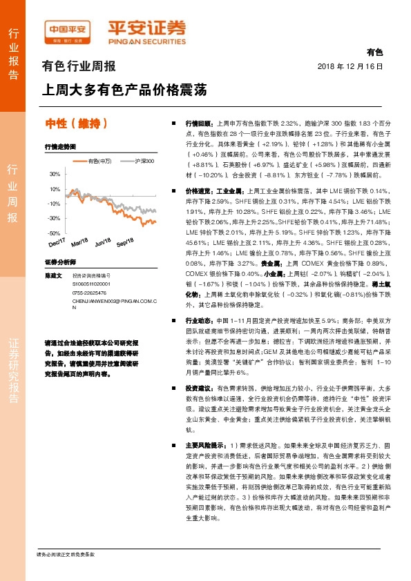 有色行业周报：上周大多有色产品价格震荡